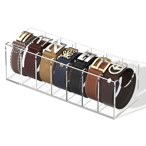 FEMELI 7-Compartment Acrylic Belt Organizer for Large Belts Closet Storage Box
