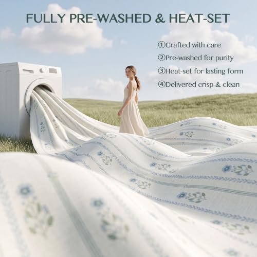 White Green Floral Linen Blend Curtains - 2 Panels, 40" W x 90" L, Farmhouse Style