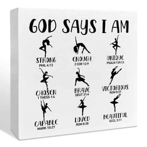 Inspirational Christian Ballet Wooden Box Sign Decor, Jesus Bible Verse Dance Decorations for Home Dance Studio, Ballet Gifts for Girls, Dancer Gifts, Gift for Dancer Ballerina, God Says I Am Strong