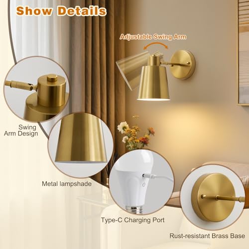 Gold Battery Operated Wall Sconces Set of Two with Remote Dimmable 3-Color Temp