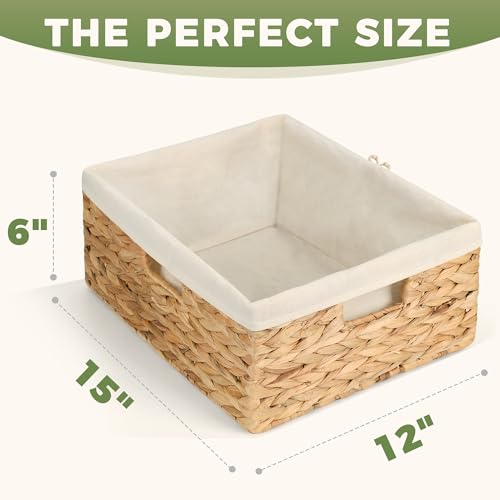 Natural Water Hyacinth Wicker Storage Baskets with Handles & Cotton Liner - Large 15x12x6 Inches