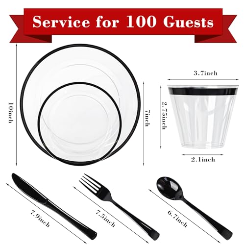 600PCS Clear Black Disposable Dinnerware Set for Parties - Heavy Duty, BPA-Free