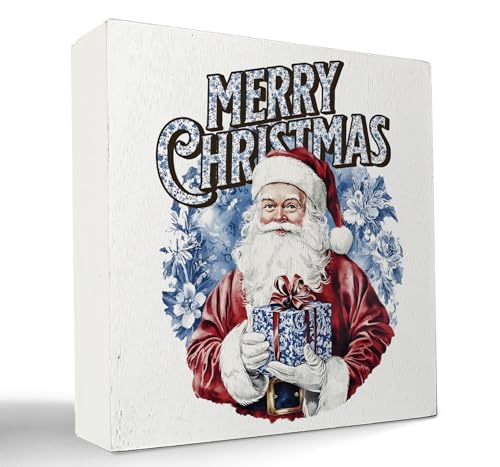 Kunlisa Blue and White Chinoiserie Christmas Santa Wooden Sign - Holiday Decor, 5x5 Inch
