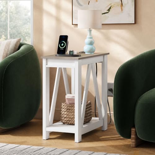 WLIVE Narrow Farmhouse End Table with Charging Station - Greige, Slim Design