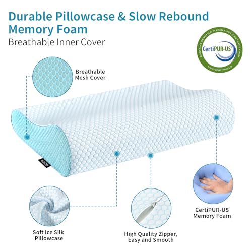 Ylekto Blue Queen Memory Foam Neck Pillow for Sleep Support, Ergonomic Cervical Contour