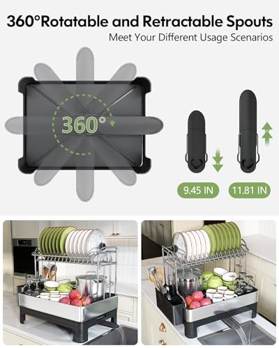 BOOSINY Stainless Steel Dish Drainer with Drainboard - Silver & Black, 18.1 x 13.4 inches