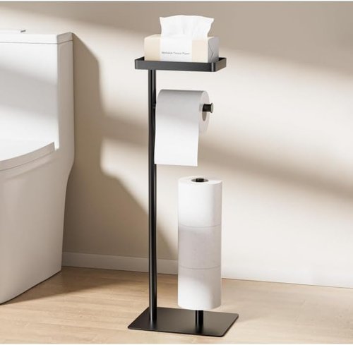 Freestanding Toilet Paper Holder Stand - Rustproof Metal Design with Weighted Base | Holds 4 Spare Rolls & Shelf for Phone