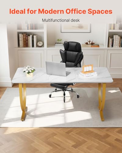White and Gold Executive Desk 63-Inch Large Office Table for Home & Business