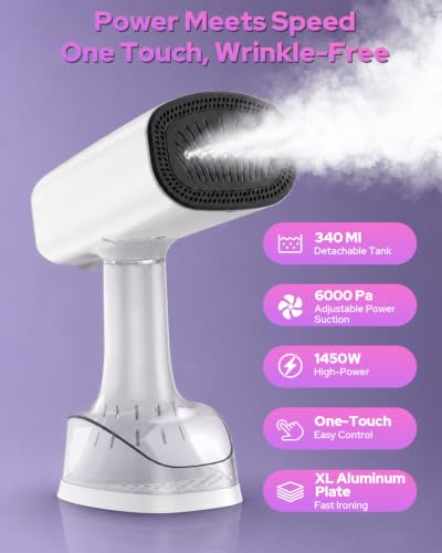 BYESHOP White Handheld Garment Steamer 6000Pa 3-Level Suction Fast Heat-up