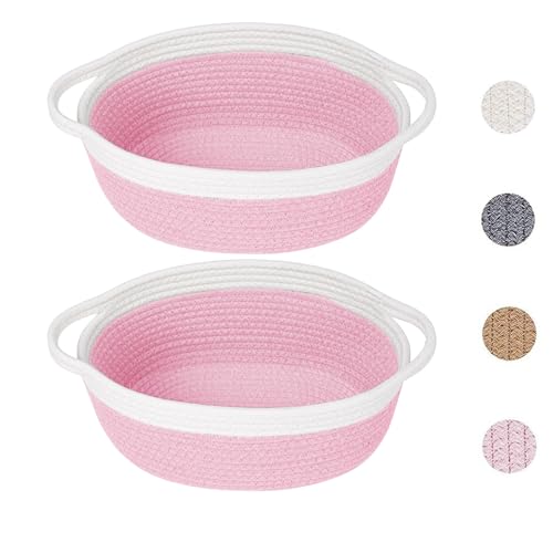 2 Pack Small Woven Storage Basket with Handles 12"x8"x5", Decorative Rope Bin for Home Organization, Shelf Storage,Cotton Rope Room Shelf Storage Basket with Handles