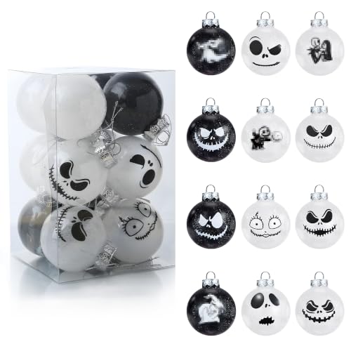 HTTHPVASE 12-Pack Night Nightmare Black & White Skull Christmas Ball Ornaments 2.36" 60mm Shatterproof