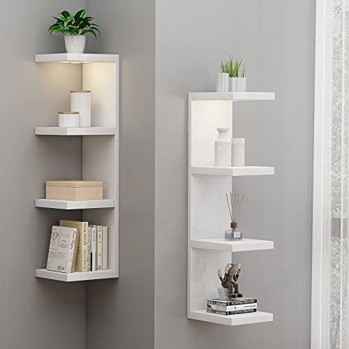 White 4-Tier Wall Shelf with LED Remote Light - Floating Storage Unit