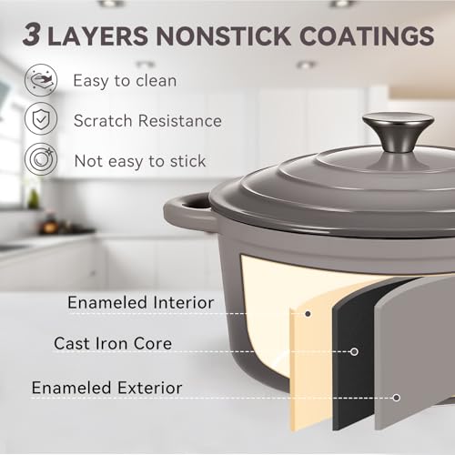 Miereirl 4.5 Quart Enameled Dutch Oven Pot with Lid, Cast Iron Dutch Oven with Dual Handles for Bread Baking, Cooking, Non-stick Enamel Coated Cookware (Beige)