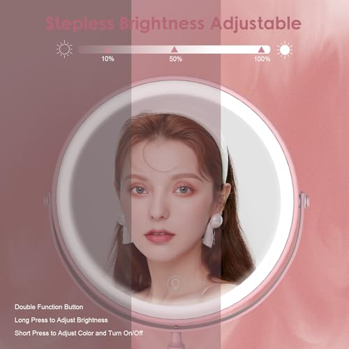 Pink Rechargeable LED Makeup Mirror with 3 Lights, 10X Magnification