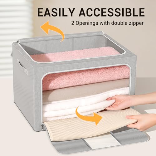 Light Gray Foldable Clothes Storage Bin 100L with Metal Frame - Pack of 3