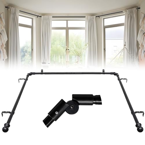U Shaped Black Bay Window Curtain Rods - 1 Inch Heavy Duty Adjustable Curved Set