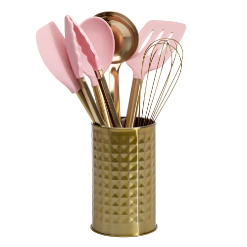 Paris Hilton 7-Piece Kitchen Utensil Set with Silicone Tools & Stainless Steel Crock, Pink & Gold