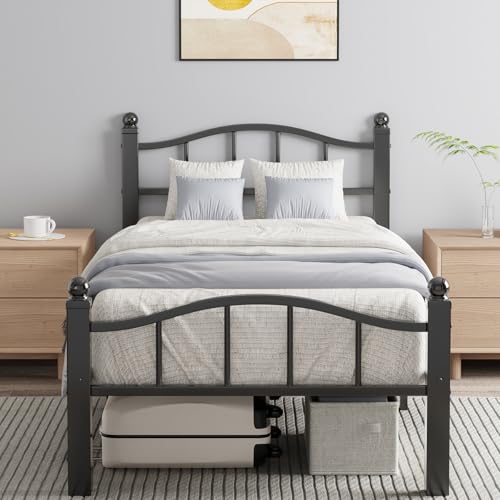 Twin Black Metal Bed Frame with Headboard - Reinforced Steel, Noise-Dampening, 12 Inch Clearance