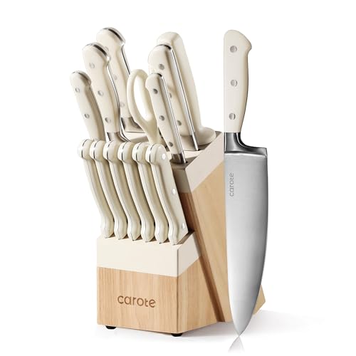 Kitchen Knife Set with Wood Block - 14 Pieces, Rust-Resistant, Cream