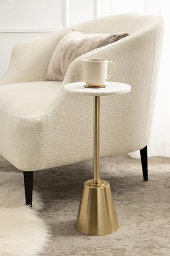 Gold Round Drink Table with White Marble Top - 10x22 Modern Glam Accent