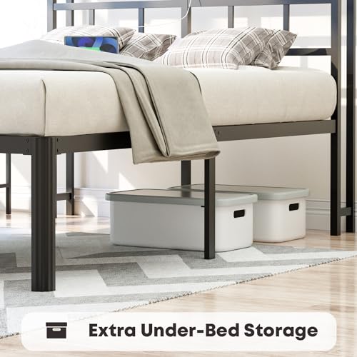 Twin Bed Frame with Storage Headboard and Charging Station - 18 Inch Black, Easy Assembly