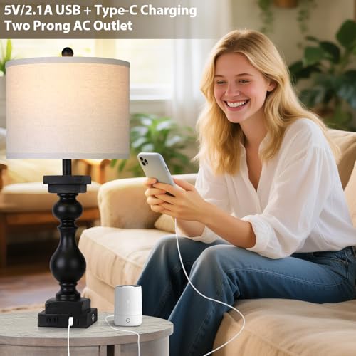 Black Farmhouse Table Lamps Set of 2 with USB A+C & AC Outlets - 28 Inch Touch Rustic Bedside Lamps