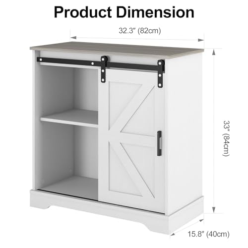 Sliding Barn Door Buffet Sideboard Storage Cabinet - White with Nature Top - Farmhouse Style