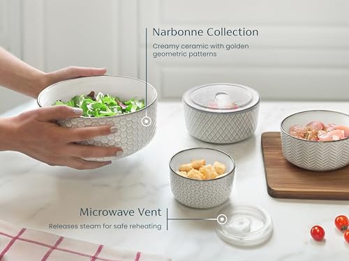 KooK Ceramic Nesting Bowls with Lids Set of 4 - 47 Oz Embossed Stoneware, Ivory
