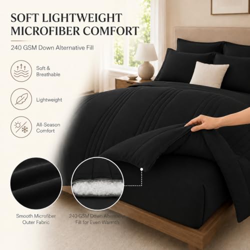 Velorose King Size Black Comforter Set 7 Pieces Bed in a Bag, All-Season Bedding