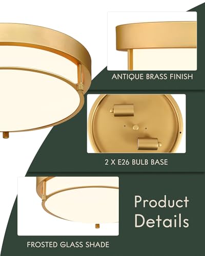12 Inch Brass Gold Finish 2-Light Ceiling Mount Light Fixture for Hallway Kitchen Bedroom – Modern Design
