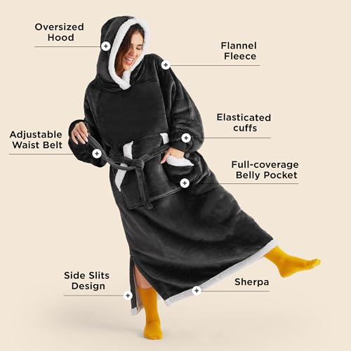 Bedsure Charcoal Wearable Blanket Hoodie for Adults, Long Sherpa Sweatshirt, Cozy Gift for Women