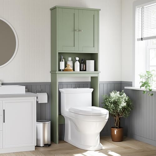 Shintenchi Over the Toilet Storage Cabinet - Green Bathroom Shelving with Adjustable Shelves and Doors