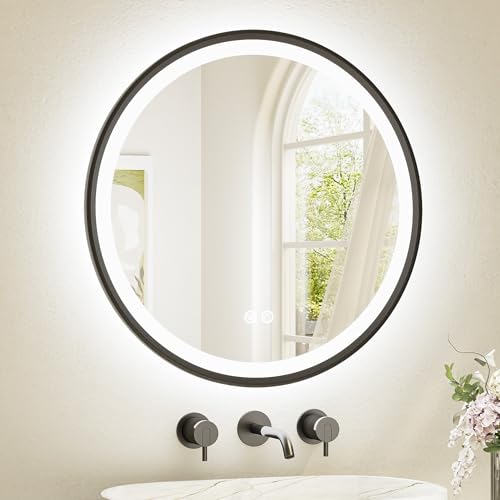 24-Inch Matte Black Round LED Bathroom Mirror with Backlit & Dimmable Lights