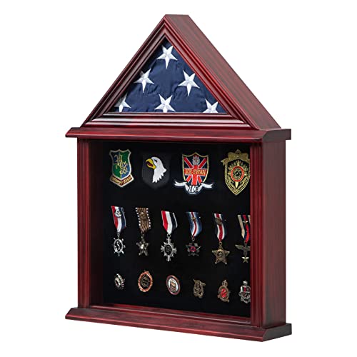Small Military Shadow Box with Flag Display Case - Mahogany Finish, 3x5 Flag Holder & Certificate Space - Variation of THIS listing