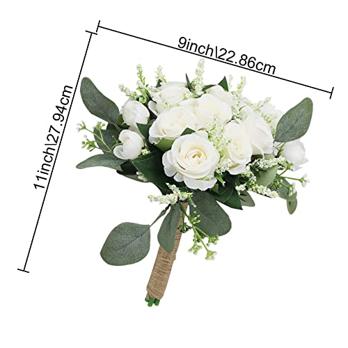 Set of 6 Ivory Bridesmaid Bouquets for Wedding - 7 Inch Artificial Flower Arrangements with Eucalyptus - White/Set of 6 (Variation)