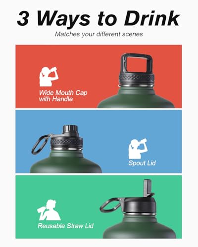 Coolflask Dark Green Half Gallon Insulated Water Bottle with Straw & 3 Leakproof Lids