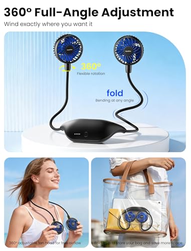 Neck Fan with 10000mAh Battery, 360° Rotation Hands-Free Wearable Portable Fan - Black & Blue