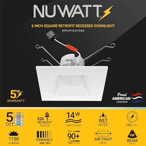 NUWATT 6 Inch Square Recessed LED Can Light with 5 CCT Colors Dimmable Wet Rated