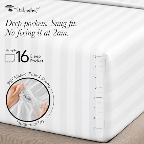 Luxury King Size Cotton Bed Sheets - White, 600 Thread Count Damask, Deep Pockets