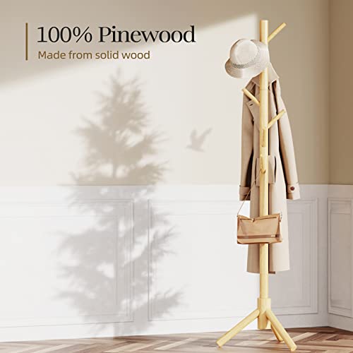 Pipishell Wooden Coat Rack with 8 Hooks - Freestanding, Adjustable Height, Natural Wood Finish