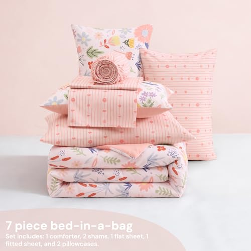 Full Size Pink Floral Comforter Set with Aster Flower Pattern - 7 Pieces, Girl's Bed in a Bag