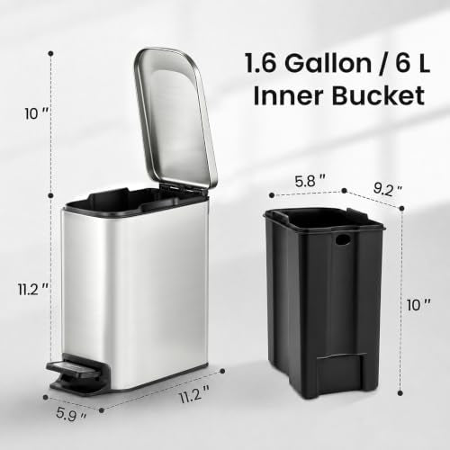 TIPGO Small Bathroom Trash Can with Lid - 1.6 Gallon, Silver, Soft Close