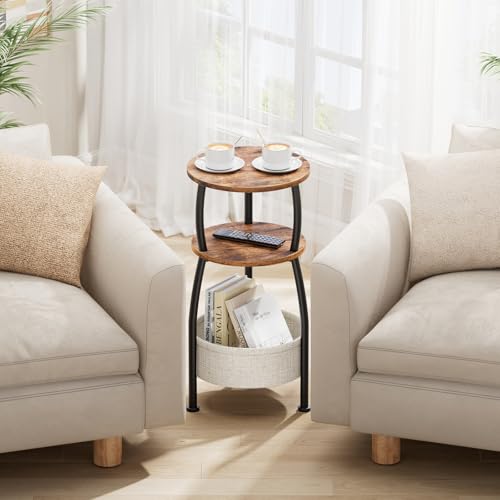 Yuede Rustic Brown 11.81in Round Side Table with Storage Basket - Small Space Organizer