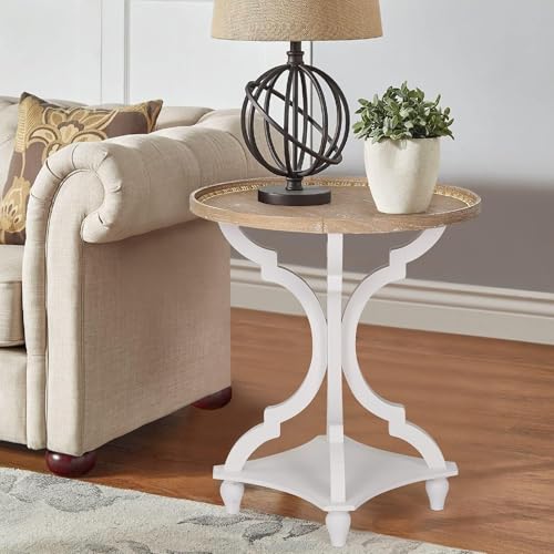 Wnutrees Farmhouse Round Accent End Table White - No Power Strip, Rustic Style