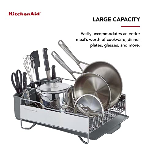 KitchenAid Large Capacity Full Size Rust-Resistant Dish Rack Grey - Angled Drainboard & Removable Flatware Caddy