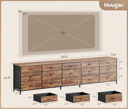 Huuger 86.6-Inch Long Dresser with 15 Drawers - Rustic Brown for Bedroom & Living Room