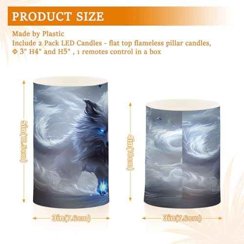 White Wolf with Glowing Blue Eyes Flameless Candles Battery Operated Color Changing LED Candles with Remote Control Timer Outdoor Indoor 2 Pack