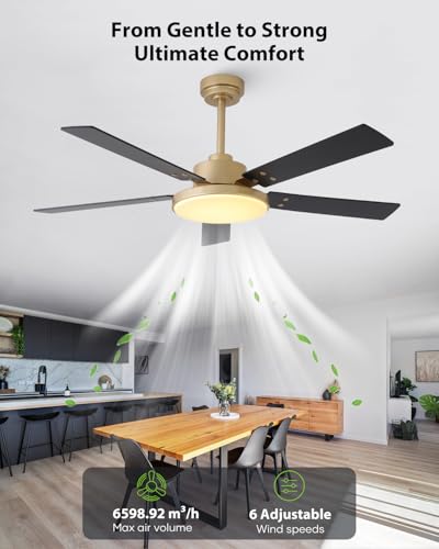 52 Inch Gold Ceiling Fan with Lights and Remote - Modern Sleek Design