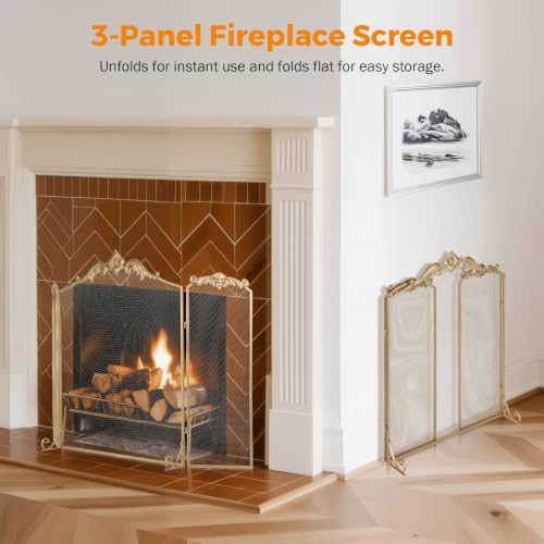 BEAMNOVA Gold Fireplace Screen 50x32 in Baroque Decorative Metal Mesh
