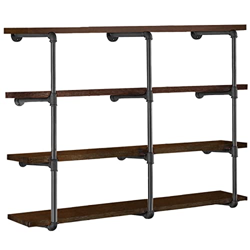 HITOMEN 3-Set Industrial Iron Pipe Shelves 4-Tier Wall-Mounted Rustic Bookcase